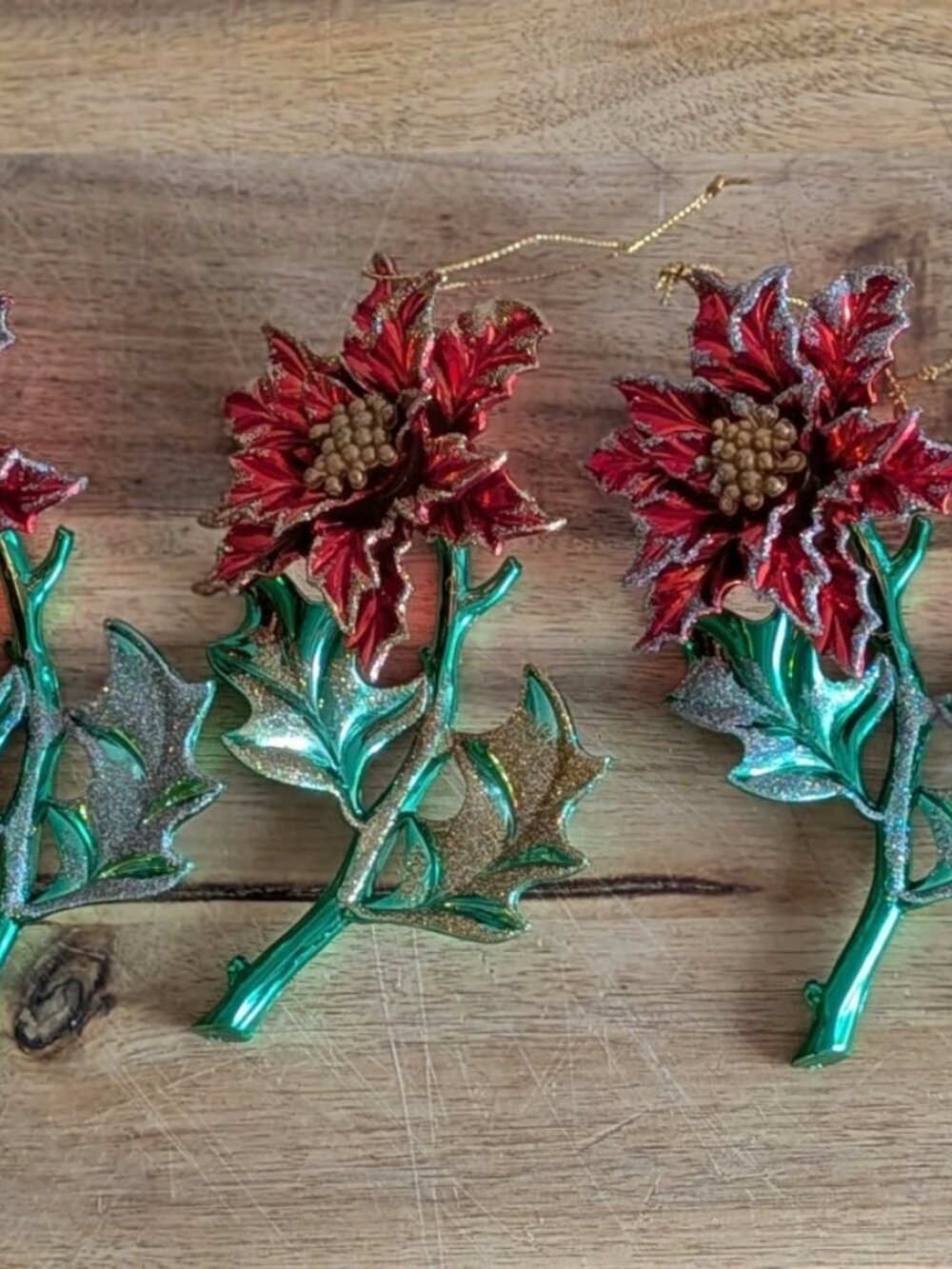 5 Vintage Red Poinsettia Flower with Leaves Christmas Ornament 4 Green/ 1 Gold